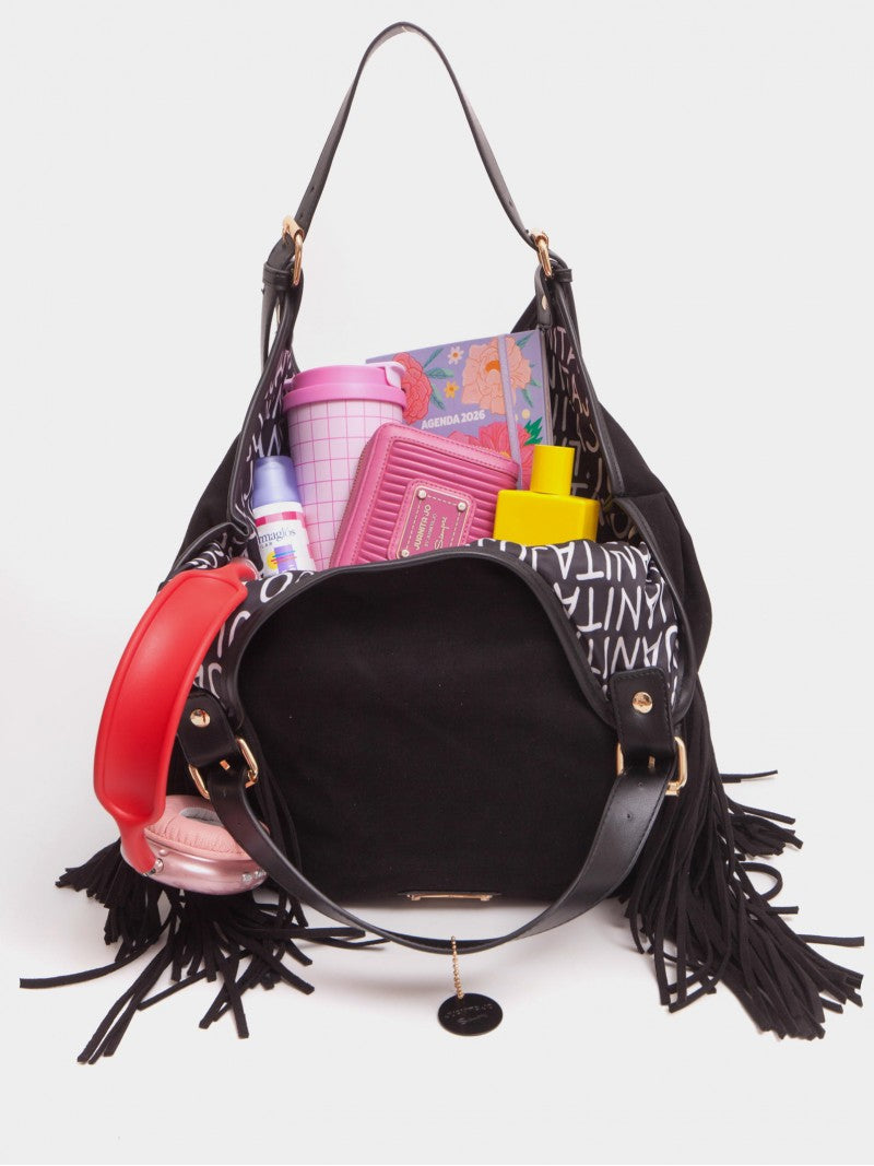 Cartera Flecos Mediana Negra Montana